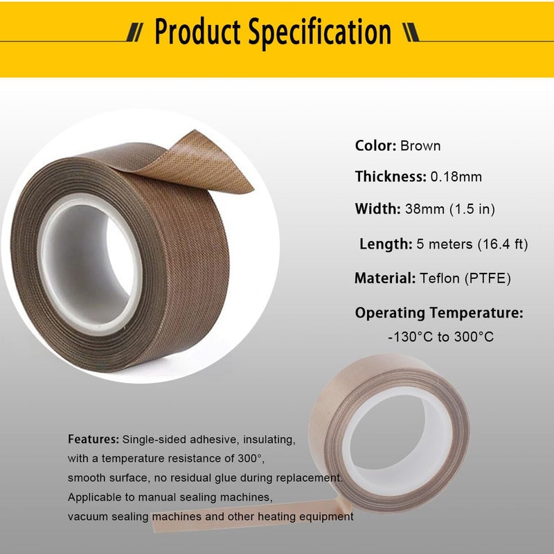 YongXuan PTFE Coated Fabric Tape Teflon Adhesive Tape High Temperature Vacuum, Hand and Impulse Sealers Machine Sealing Tape 0.18mm Thick (38mm-5M) - Image 3